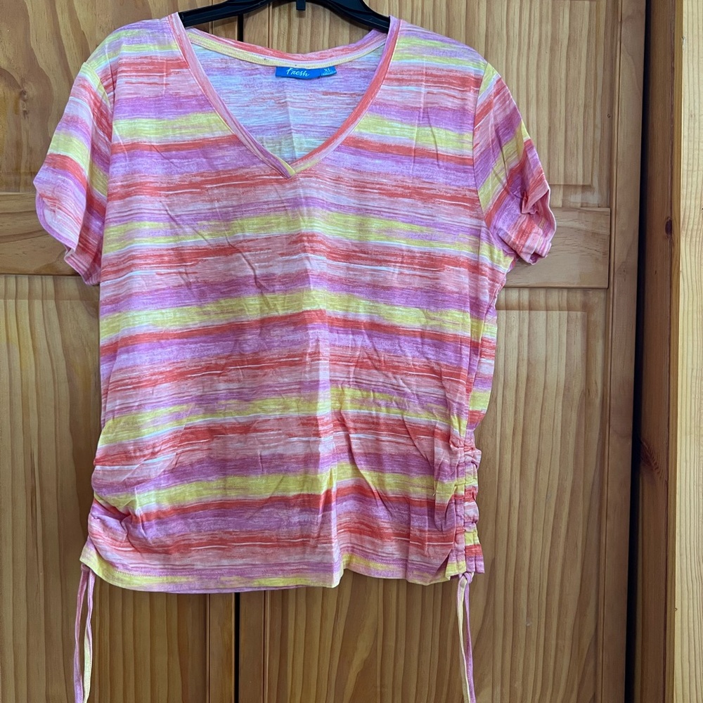 Cato Pink and Yellow Striped V-Neck Top